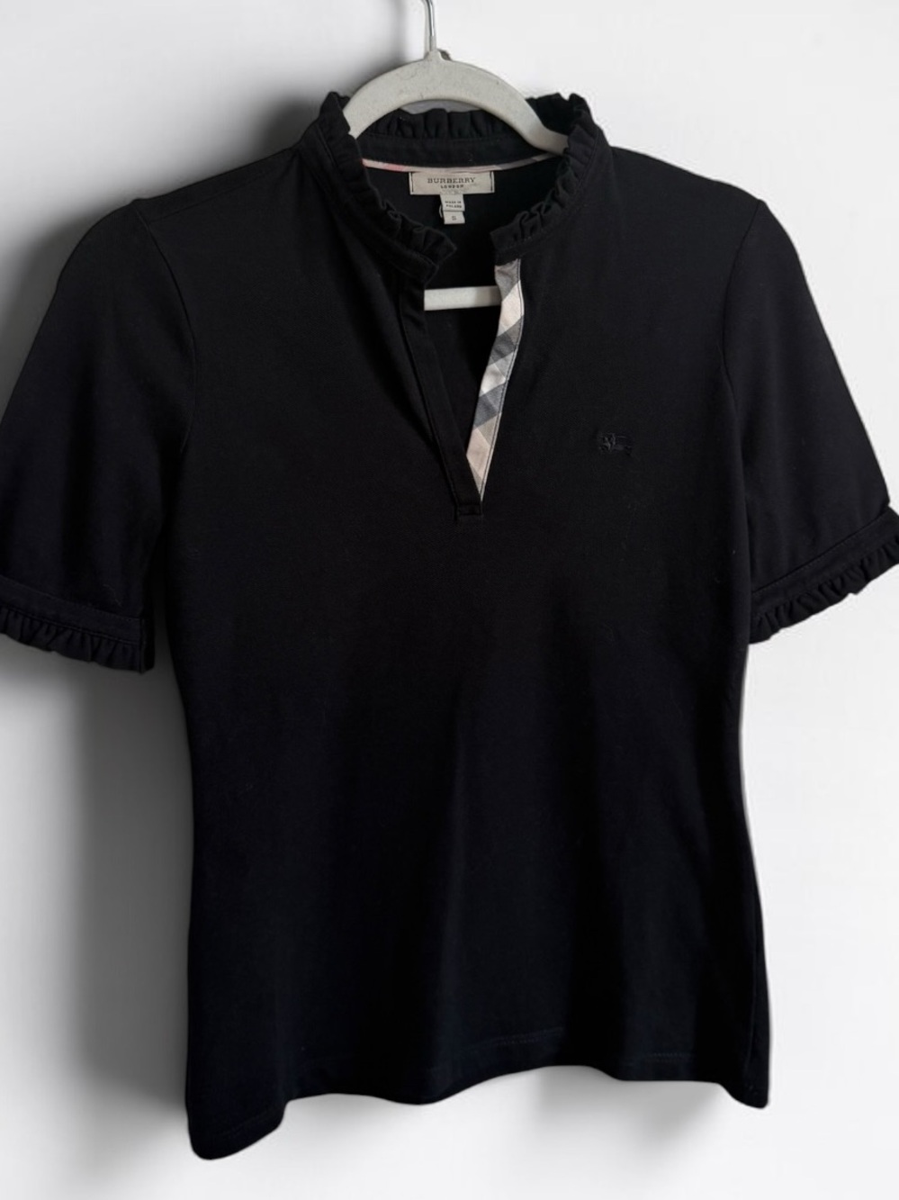 Vintage Burberry Black Short-Sleeve Polo with Ruffle Collar Check Y2K Old Money